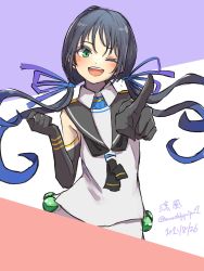 Rule 34 | 1girl, black gloves, black hair, black sailor collar, character name, commentary request, dated, elbow gloves, gloves, green eyes, highres, kantai collection, long hair, looking at viewer, low twintails, one-hour drawing challenge, one eye closed, open mouth, pointing, ribbon, round teeth, sailor collar, school uniform, serafuku, sleeveless, solo, suzukaze (kancolle), teeth, twintails, twitter username, umibudou, upper body, upper teeth only