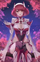 Rule 34 | 1girl, alternate costume, breasts, chest jewel, cleavage, doiparuni, hand on own chest, highres, hip vent, large breasts, looking at viewer, night, pyra (xenoblade), pyra (xenoblade) (prototype), red eyes, red hair, short hair, sitting, solo, upper body, xenoblade chronicles (series), xenoblade chronicles 2