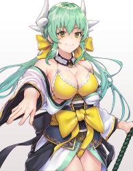 Rule 34 | 1girl, absurdres, bare shoulders, bikini, bikini under clothes, black cola, bow, breasts, cleavage, closed mouth, cowboy shot, dragon horns, fate/grand order, fate (series), fingernails, gradient background, green eyes, green hair, grey background, hair between eyes, hair bow, heart, heart-shaped pupils, highres, holding, horns, japanese clothes, kimono, kiyohime (fate), kiyohime (fate/grand order), kiyohime (swimsuit lancer) (fate), kiyohime (swimsuit lancer) (first ascension) (fate), long hair, long sleeves, medium breasts, obi, off shoulder, outstretched arm, sash, smile, solo, swimsuit, symbol-shaped pupils, very long hair, white background, white kimono, wide sleeves, yellow bikini, yellow bow