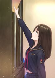 Rule 34 | 1girl, arm up, ashiya hiro, black sailor collar, black serafuku, black shirt, black skirt, blush, book, breasts, brown eyes, brown hair, collarbone, commentary request, fingernails, highres, holding, holding book, long hair, long sleeves, looking away, looking up, midriff peek, moe2019, neckerchief, original, parted lips, pleated skirt, profile, red neckerchief, sailor collar, school uniform, serafuku, shirt, skirt, small breasts, solo