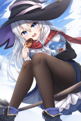 Rule 34 | 1girl, :d, bag, black footwear, black hat, black jacket, black legwear, blue eyes, blush, boots, commentary request, day, doughnut, dress, elaina (majo no tabitabi), feet out of frame, food, hair between eyes, hand up, hat, highres, holding, holding food, jacket, looking at viewer, majo no tabitabi, off shoulder, open clothes, open jacket, open mouth, outdoors, paper bag, pastry bag, plaid, plaid scarf, red scarf, scarf, silver hair, smile, solo, teeth, umou (may65879), upper teeth only, white dress, witch hat