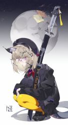 Rule 34 | 1girl, animal ear fluff, animal ears, arknights, beret, black background, black footwear, black hat, black jacket, black shirt, blonde hair, breasts, closed mouth, collared shirt, glasses, gradient background, hair ornament, hairclip, hat, hat ribbon, highres, jacket, katana, large breasts, loafers, looking at viewer, looking to the side, medium hair, moon, neck ribbon, official alternate costume, pen, pink eyes, pleated skirt, rai (97417), red ribbon, ribbon, sheath, sheathed, shirt, shoes, signature, skirt, solo, squatting, star (sky), sword, tail, tassel, thighhighs, utage (arknights), utage (disguise) (arknights), weapon, white background, yellow thighhighs