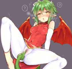 Rule 34 | 1girl, ?, bad id, bad twitter id, bare shoulders, barefoot, blush, breath, chinese clothes, covered erect nipples, covered navel, demon girl, demon horns, demon tail, demon wings, draco centauros, drooling, female masturbation, green hair, grey background, hair between eyes, horns, madou monogatari, masturbation, natsuki marina, pointy ears, pussy, puyopuyo, red wings, saliva, short hair, simple background, sketch, solo, spread legs, tail, trembling, wings, yellow eyes