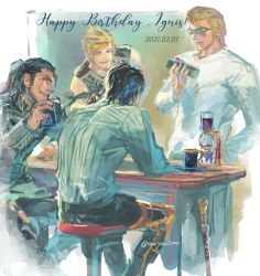 Rule 34 | 4boys, beard, black hair, blonde hair, brown hair, cup, dated, drinking glass, facial hair, final fantasy, final fantasy xv, gladiolus amicitia, happy birthday, highres, ignis scientia, jewelry, looking at another, male focus, multiple boys, necklace, noctis lucis caelum, prompto argentum, sitting, smile, sunglasses, tamiyan (tamiyan300)
