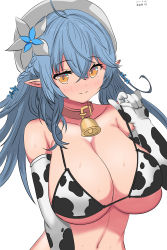 Rule 34 | 1girl, absurdres, ahoge, animal print, bell, beret, bikini, bikini pull, blue hair, blush, breasts, closed mouth, clothes pull, collar, collarbone, cow print, dated, ding36, elbow gloves, flower, gloves, hair flower, hair ornament, half updo, hat, highres, hololive, large breasts, long hair, looking at viewer, neck bell, pointy ears, print gloves, pulling own clothes, red collar, simple background, smile, solo, strap pull, sweat, swimsuit, upper body, virtual youtuber, white background, white flower, white hat, yellow eyes, yukihana lamy
