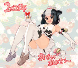 Rule 34 | 1girl, 2021, :d, akeome, animal ears, animal print, bell, black hair, bottle, bow, breasts, brown footwear, chinese zodiac, cleavage, commentary request, cow ears, cow girl, cow print, cow tail, curvy, elbow gloves, full body, gloves, happy new year, holstein friesian cattle (kemono friends), kemono friends, large breasts, loafers, looking at viewer, milk bottle, multicolored hair, new year, open mouth, panties, pink bow, plump, red bow, ryoji (nomura ryouji), shirt, shoes, short hair, sideboob, smile, solo, tail, tail bell, tail bow, tail ornament, thighhighs, two-tone hair, underwear, white gloves, white hair, white panties, white thighhighs, year of the ox