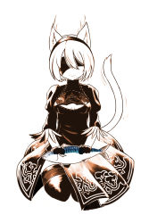 Rule 34 | absurdres, animal ears, black dress, black hairband, black thighhighs, blindfold, breasts, cat ears, cat tail, cleavage cutout, clothing cutout, commentary, cowfee, dress, drooling, facing viewer, feather-trimmed sleeves, fish, full body, gloves, hairband, highres, juliet sleeves, kemonomimi mode, limited palette, long sleeves, medium breasts, mole, mole under eye, nier (series), nier:automata, puffy sleeves, seiza, short hair, simple background, sitting, solo, tail, thighhighs, white background, white hair, 2b (nier:automata)