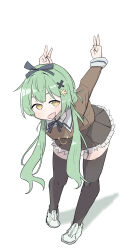 Rule 34 | 1girl, :d, absurdres, arms behind back, arms up, assault lily, black ribbon, black thighhighs, brown jacket, brown skirt, commentary request, cropped jacket, double v, flower, frilled skirt, frills, full body, green hair, hair flower, hair ornament, hair ribbon, highres, jacket, leaning forward, long hair, long sleeves, looking at viewer, low twintails, miniskirt, neck ribbon, open mouth, outstretched arms, pleated skirt, ribbon, school uniform, shoes, simple background, skirt, smile, sneakers, solo, standing, thighhighs, twintails, ueda imari, unbabaa, v, white background, white footwear, x hair ornament, yellow eyes, yellow flower, zettai ryouiki, zipper footwear, zipper pull tab