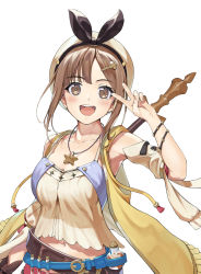 Rule 34 | 1girl, armpits, atelier (series), atelier ryza, atelier ryza 1, belt, beret, blue belt, blush, bow, bracelet, breasts, brown eyes, brown hair, detached sleeves, flask, hair bow, hat, highres, holding, holding staff, jewelry, looking at viewer, medium breasts, midriff, navel, necklace, open mouth, reisalin stout, round-bottom flask, sharpheon, short hair, sidelocks, sleeveless, sleeveless jacket, smile, solo, staff, star (symbol), star necklace, v, vial