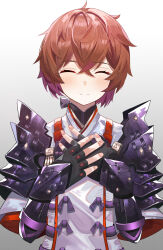 Rule 34 | 1girl, absurdres, armor, brown hair, closed eyes, fingerless gloves, fingernails, gloves, gradient background, hands on own chest, highres, liangyimo, lora (xenoblade), pauldrons, shoulder armor, smile, xenoblade chronicles (series), xenoblade chronicles 2, xenoblade chronicles 2: torna - the golden country