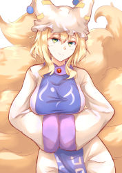 Rule 34 | 1girl, animal ears, animal hat, arms under breasts, blonde hair, breasts, contrapposto, dress, fox ears, fox tail, green eyes, hat, highres, large breasts, light smile, mirufui, mob cap, multiple tails, mob cap, short hair, simple background, solo, tabard, tail, touhou, upper body, white background, white dress, yakumo ran