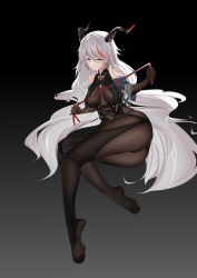 Rule 34 | 1girl, absurdly long hair, absurdres, aegir (azur lane), ass, azur lane, black background, black panties, bodystocking, breast curtains, covered navel, cross, cross earrings, demon horns, earrings, feifei, full body, highres, holding, holding whip, horns, iron cross, jewelry, long hair, looking at viewer, multicolored hair, no shoes, panties, pantyhose, red hair, revealing clothes, soles, streaked hair, two-tone hair, underwear, very long hair, white hair, yellow eyes