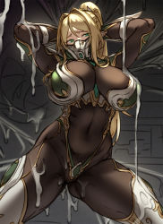 Rule 34 | 1girl, arms behind head, arms up, blonde hair, bodysuit, breasts, brown bodysuit, covered navel, elf, green eyes, highres, houtengeki, large breasts, long hair, looking at viewer, mask, mouth mask, original, parted bangs, pointy ears, ponytail, sidelocks, slime (substance), solo, thighs
