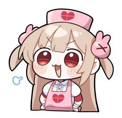 Rule 34 | &gt; &lt;, 1girl, :3, :d, apron, blonde hair, blush, blush stickers, chibi, collared dress, commentary, dress, hair ornament, hat, heart, heart print, highres, junsuina fujunbutsu, long hair, looking at viewer, natori sana, nurse cap, open mouth, pink apron, pink hat, puff of air, puffy short sleeves, puffy sleeves, rabbit hair ornament, red eyes, sana channel, short sleeves, simple background, smile, solo, symbol-only commentary, two side up, upper body, v-shaped eyebrows, virtual youtuber, white background, white dress