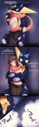 Rule 34 | 1boy, 1girl, :t, absurdres, areola slip, artist name, black eyes, black pantyhose, blindfold, blush, breasts, brown hair, cleavage, closed mouth, collarbone, comic, covered erect nipples, creatures (company), donutella, english text, game freak, gen 6 pokemon, greninja, groin, half-closed eyes, happy, hetero, highres, hug, hug from behind, indoors, interspecies, jewelry, legs together, long hair, long tongue, medium breasts, multiple views, navel, necklace, nintendo, nipple slip, nipples, open mouth, original, pants, pantyhose, pokemon, pokemon (creature), pokephilia, saliva, simple background, smile, smoke, standing, sweat, tail, talking, text focus, tongue, tongue out, topless, watermark, web address, wet, wet clothes