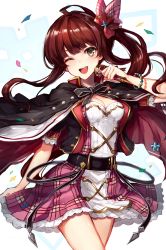 Rule 34 | 10s, 1girl, ;d, ahoge, belt, bracelet, breasts, brown eyes, cape, cleavage, diantha (granblue fantasy), dress, granblue fantasy, highres, holding, idol, jewelry, long hair, medium breasts, microphone, one eye closed, open mouth, ponytail, red hair, simple background, smile, solo, watao, white background