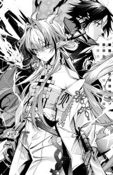 Rule 34 | 1boy, 1girl, arknights, bare shoulders, belt, closed mouth, cowboy shot, dragon girl, dragon horns, dragon tail, earrings, expressionless, fantasy, greyscale, hair between eyes, hair intakes, halftone, high collar, highres, holding, holding sword, holding weapon, horns, jacket, jewelry, light smile, long hair, long sleeves, looking ahead, looking at viewer, magic, monochrome, necklace, off shoulder, open clothes, open jacket, pants, pointy ears, profile, senju yosiyuki, short hair, shu (arknights), strapless, sword, tail, tube top, weapon, zuo le (arknights)