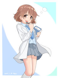 Rule 34 | 1girl, :d, blue background, blue necktie, blue shirt, blush, border, brown eyes, brown hair, coat, collared shirt, from side, furrowed brow, grey skirt, holding, holding notebook, holding pen, idolmaster, idolmaster cinderella girls, idolmaster cinderella girls starlight stage, kita hinako, kneehighs, kuwahara, lab coat, light blush, long sleeves, looking at viewer, necktie, notebook, open clothes, open coat, open mouth, pen, pen to chin, pleated skirt, shirt, short hair, simple background, skirt, smile, socks, solo, thighs, wavy mouth, white background, white coat, white socks