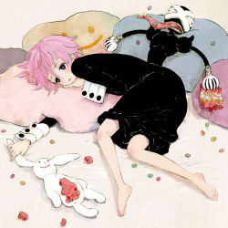Rule 34 | 00s, androgynous, bag, barefoot, black dress, black eyes, black skin, candy, colored skin, crona (soul eater), cuff links, dress, feet, food, gauntlets, gender request, lying, open mouth, pillow, pink hair, ragnarok (demon sword), saliva, short hair, soul eater, spikes, stuffed animal, stuffed rabbit, stuffed toy, tongue, tongue out, x x