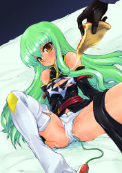 Rule 34 | 00s, c.c., code geass, fingernails, food, green hair, long fingernails, long hair, nail, panties, partially visible vulva, pizza, sex toy, solo, spread legs, takao ukyou, takaoukyo, thighhighs, torn clothes, underwear, vibrator, vibrator under clothes, vibrator under panties, yellow eyes