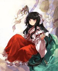 Rule 34 | 1girl, black hair, blunt bangs, commentary request, detached sleeves, frilled skirt, frills, full body, girl who trained on mt. haku (touhou), gohei, hair ribbon, hakama, hakama skirt, highres, japanese clothes, kaigen 1025, long hair, miko, portrait of exotic girls, purple eyes, red hakama, red ribbon, ribbon, ribbon trim, skirt, touhou, very long hair, white ribbon, wide sleeves