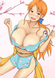 Rule 34 | 1girl, areola slip, breasts, brown eyes, cleavage, covered erect nipples, curvy, female focus, highres, huge breasts, japanese clothes, kimono, large breasts, long hair, looking at viewer, lying, momo 765, nami (one piece), on side, one piece, open mouth, orange hair, panties, see-through, short kimono, smile, solo, tattoo, underwear