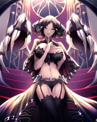 Rule 34 | 1girl, bad id, bad pixiv id, black hair, black thighhighs, breasts, brown hair, capelet, claws, cloak, crossed legs, demon girl, female focus, finger to mouth, frills, garter belt, garter straps, hand on own chest, horns, index finger raised, large breasts, limeblock, lingerie, looking at viewer, midriff, navel, original, red eyes, short hair, shushing, smile, solo, stairs, thigh gap, thighhighs, underwear, wings