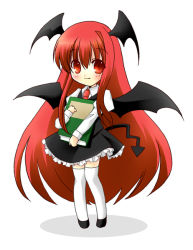 Rule 34 | 1girl, bat wings, book, embodiment of scarlet devil, female focus, full body, koakuma, long hair, necktie, oumi neneha, red eyes, red hair, simple background, solo, standing, tail, thighhighs, touhou, white background, wings
