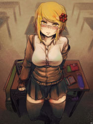 Rule 34 | 1girl, artist name, at2., black skirt, black thighhighs, blazer, blonde hair, blush, book, box, bra, breasts, brown jacket, buttons, calculator, classroom, collared shirt, desk, expressionless, glasses, hair bobbles, hair ornament, head tilt, highres, indoors, jacket, large breasts, loafers, long sleeves, looking at viewer, notebook, open clothes, open jacket, original, over-rim eyewear, school, school desk, school uniform, screwdriver, see-through, semi-rimless eyewear, shirt, shoes, short hair, skirt, solo, standing, swept bangs, table, thighhighs, underwear, white shirt, worktool, yellow eyes, zettai ryouiki