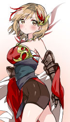 Rule 34 | 1girl, bare shoulders, bike shorts, blonde hair, blush, breasts, closed mouth, djeeta (granblue fantasy), firedancer&#039;s roseplume (granblue fantasy), from side, frown, gauntlets, gradient background, granblue fantasy, hair ornament, highres, japanese clothes, jewelry, kimono, looking at viewer, medium breasts, multicolored hair, necklace, off shoulder, osakana (rrg0123), red kimono, sash, short hair, solo, streaked hair, yellow eyes