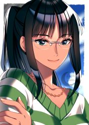 Rule 34 | 1girl, black hair, blue eyes, closed mouth, collarbone, glasses, jewelry, long hair, lucid luna, necklace, nico robin, nico robin (strong world), one piece, one piece: strong world, ponytail, portrait, rimless eyewear, smile, solo, striped clothes, striped sweater, sweater