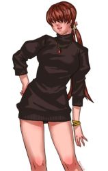 Rule 34 | 1girl, bracelet, brown hair, casual, contrapposto, dress, fatal fury, hair over eyes, hand on own hip, jewelry, lipstick, lowres, makeup, necklace, shermie (kof), solo, standing, sweater, sweater dress, the king of fighters, turtleneck, twintails