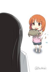Rule 34 | 2girls, :d, aged down, animal, barefoot, blue shorts, brown eyes, brown hair, buchikaki, commentary, dirty, dirty clothes, dirty face, footprints, girls und panzer, holding, holding animal, looking at another, mother and daughter, multiple girls, nishizumi miho, nishizumi shiho, open mouth, pink shirt, shadow, shirt, short hair, shorts, simple background, smile, standing, straight hair, tank top, toad (animal), twitter username, v-shaped eyebrows, white background, white shirt