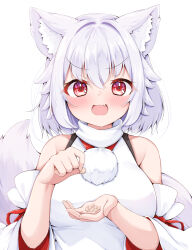 Rule 34 | 1girl, animal ear fluff, animal ears, bare shoulders, beans, blush, breasts, detached sleeves, fang, grey hair, hair between eyes, inubashiri momiji, large breasts, open mouth, pom pom (clothes), red eyes, rururiaru, short hair, simple background, skin fang, smile, solo, tail, touhou, upper body, white background, white sleeves, wolf ears, wolf tail