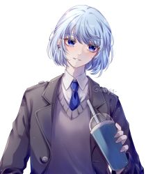 Rule 34 | 1boy, ameryl garland, black jacket, blue eyes, blue hair, blue necktie, cup, disposable cup, drinking straw, earrings, holding, holding cup, jacket, jewelry, khun aguero agnis, light blue hair, looking at viewer, male focus, necktie, simple background, smile, solo, standing, sweater vest, tower of god, twitter username, upper body, vest, white background