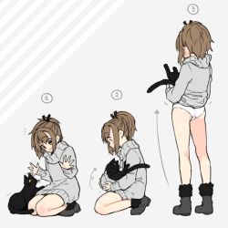 Rule 34 | 1girl, artist request, ass, brown hair, cat, clothes lift, from behind, holding, kneeling, left-to-right manga, open mouth, panties, ponytail, sequential, shirt lift, standing, underwear