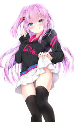Rule 34 | 1girl, :q, black hoodie, black thighhighs, blue eyes, blush, breasts, closed mouth, clothes lift, clothes writing, commentary request, drawstring, hair between eyes, hair ornament, hairclip, hand up, heart, heart hair ornament, highres, hood, hood down, hoodie, kouda suzu, lifting own clothes, long hair, long sleeves, one side up, original, pinching sleeves, pink hair, pleated skirt, simple background, skirt, skirt lift, sleeves past wrists, small breasts, smile, solo, thighhighs, tongue, tongue out, very long hair, white background, white skirt