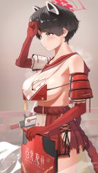 Rule 34 | 1girl, absurdres, animal ears, armor, bad id, bad pixiv id, bare shoulders, black hair, blue archive, blue eyes, blush, breasts, cleavage, collarbone, elbow gloves, gloves, gun, hibinpo, highres, japanese armor, large breasts, red gloves, red sailor collar, red skirt, rope, sailor collar, short hair, sideboob, sideless outfit, skirt, smile, solo, tabard, tassel, thighs, tsubaki (blue archive), underboob, weapon