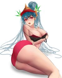 Rule 34 | 1girl, absurdres, alternate costume, aqua hair, ass, bare shoulders, bikini, bikini top only, blush, breasts, embarrassed, highres, large breasts, lecheu, legs, long hair, looking at viewer, lying, miniskirt, on side, open mouth, ponytail, red eyes, skirt, soccer spirits, solo, swimsuit, uriel (soccer spirits), very long hair, wardrobe malfunction