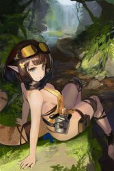 Rule 34 | 1girl, :o, arknights, arm support, bandeau, black bandeau, blouse, blue eyes, breasts, brown hair, eunectes (arknights), flask, flower, goggles, goggles on head, hair flower, hair ornament, highres, jungle, kegani (kegani01), leaning back, looking at viewer, medium breasts, nature, outdoors, plant, pouch, revealing clothes, river, see-through, see-through shirt, shirt, short hair, sideboob, sitting, snake tail, solo, tail, thigh pouch, thigh strap, water, waterfall, yellow shirt