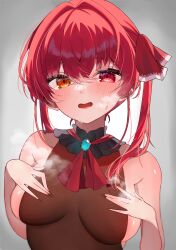 Rule 34 | 1girl, bare shoulders, blush, breasts, hair ribbon, heterochromia, highres, hololive, houshou marine, large breasts, long hair, looking at viewer, open mouth, red eyes, red hair, red ribbon, ribbon, suiso kurage (user ncer3537), twintails, virtual youtuber, yellow eyes