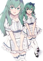 Rule 34 | 1girl, alternate costume, black footwear, blue hairband, blush, collarbone, dress, full body, green eyes, green hair, hair between eyes, hairband, kantai collection, ld (luna dial398), long hair, looking at viewer, multiple views, open mouth, shoes, short sleeves, smile, suzuya (kancolle), thighhighs, white dress, white thighhighs, zoom layer