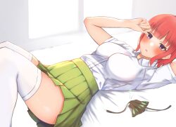 Rule 34 | 1girl, arm up, blue eyes, blunt bangs, blush, breasts, butterfly hair ornament, commentary, curvy, dress shirt, eyelashes, feet out of frame, from side, go-toubun no hanayome, green skirt, hair down, hair ornament, hand up, high-waist skirt, highres, indoors, kakato 0, knees up, large breasts, looking at viewer, lying, miniskirt, nakano nino, on back, on bed, open mouth, pleated skirt, school uniform, shiny skin, shirt, short hair, short sleeves, sidelocks, skirt, solo, thighhighs, thighs, tsurime, unworn hair ornament, white shirt, white thighhighs, window, zettai ryouiki