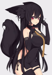 Rule 34 | 1girl, animal ear fluff, animal ears, bare shoulders, black dress, black gloves, black hair, black thighhighs, breasts, brown neckwear, cleavage, collared dress, commentary request, covered navel, dress, elbow gloves, gloves, grey background, hair between eyes, hands up, heart, highres, large breasts, long hair, original, parted lips, paryi, red eyes, see-through, see-through cleavage, simple background, single thighhigh, sleeveless, sleeveless dress, solo, tail raised, thighhighs, very long hair
