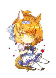 Rule 34 | 1girl, animal ears, arai cherry, blush, bow, bowtie, chibi, clenched hands, closed mouth, ear covers, furioso (umamusume), hairband, horse ears, horse girl, horse tail, looking at viewer, medium hair, orange hair, ponytail, purple shirt, sailor collar, school uniform, shirt, shoes, short sleeves, simple background, single ear cover, skirt, solo, star (symbol), tail, thighhighs, tracen school uniform, umamusume, white background, white skirt, white thighhighs, yellow eyes