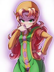 Rule 34 | 1girl, blush, breasts, closed mouth, curly hair, dragon quest, dragon quest vii, dress, green eyes, hood, jewelry, long hair, looking at viewer, maribel (dq7), orange hair, simple background, smile, solo