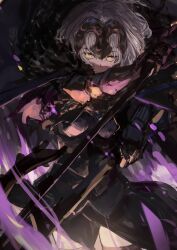 Rule 34 | 1girl, armor, armored dress, black armor, cape, cloak, dark, fate/samurai remnant, fate (series), fur-trimmed cape, fur-trimmed cloak, fur trim, headpiece, highres, holding, holding polearm, holding weapon, jeanne d&#039;arc alter (lancer) (fate), plackart, polearm, purple cape, short hair, solo, thighhighs, torn cape, torn clothes, weapon, white hair, yellow eyes, yorurokujuu