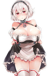 Rule 34 | 1girl, anchor choker, azur lane, bad id, bad pixiv id, bare shoulders, blush, bow, breasts, choker, cleavage, clothes lift, commentary request, dress, dress lift, hair between eyes, hair bow, hairband, head tilt, highres, lace-trimmed choker, lace-trimmed hairband, lace trim, large breasts, lifting own clothes, looking at viewer, mikumo shinden, panties, parted lips, puffy sleeves, red eyes, shiny skin, short hair, short sleeves, side-tie panties, sidelocks, simple background, sirius (azur lane), solo, standing, underwear, white background, white hair, white panties