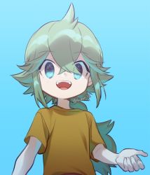 Rule 34 | 1boy, :d, blue background, blue eyes, commentary request, cowlick, creatures (company), game freak, green hair, hair between eyes, highres, long hair, male focus, n (pokemon), nagiru, nintendo, open mouth, pokemon, pokemon bw, ponytail, shirt, short sleeves, smile, solo, t-shirt, teeth, tongue, twitter username, upper body, upper teeth only