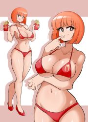 Rule 34 | 1girl, alternate breast size, bikini, bob cut, breasts, curvy, fast food, food, french fries, full body, highres, holding, holding food, large breasts, looking at viewer, lucyfer, mcdonald&#039;s, mother (yoru mac), micro bikini, mother (yoru mac), multiple views, navel, orange hair, red bikini, short hair, solo, standing, swimsuit, wide hips, yoru mac